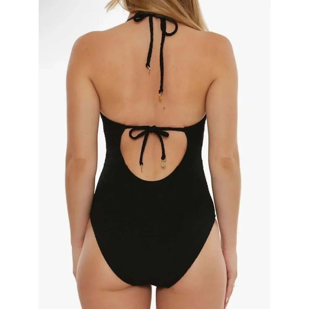 Trina Turk Textured Black Halter One Piece Swimsuit NWT Size 14 Luxe Gold Detail